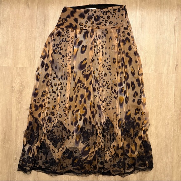 WD•NY Silk Leopard Print Midi Skirt w/ Lace Trim Women Size 4 29” Waist - Picture 1 of 6